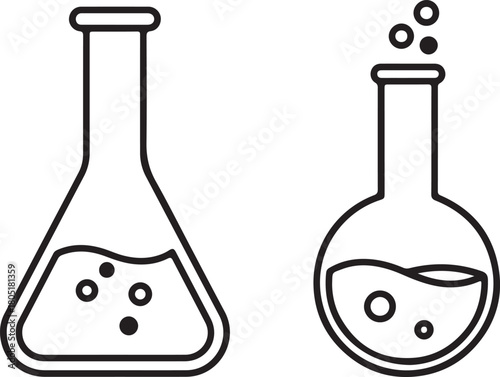Set of line icons featuring conical and round bottom laboratory glassware for scientific research and education