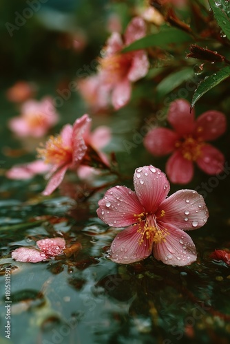 Pink Flowers With Raindrops on Leaves Near a Calm Water Surface in a Serene N...