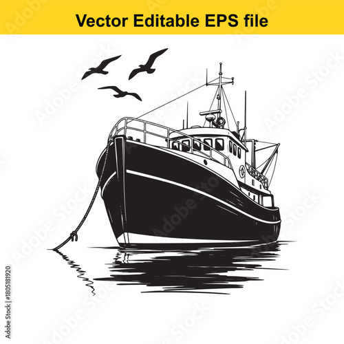 A detailed black and white illustration of a fishing trawler boat at sea with seagulls flying above, isolated on