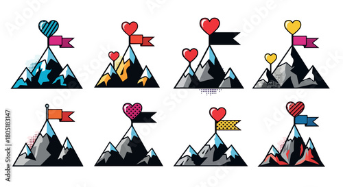 Colorful mountain peaks with heart flags and banners