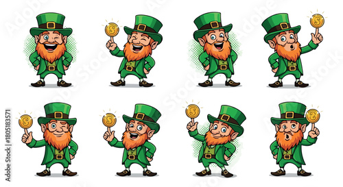 Happy leprechaun character poses with gold coin