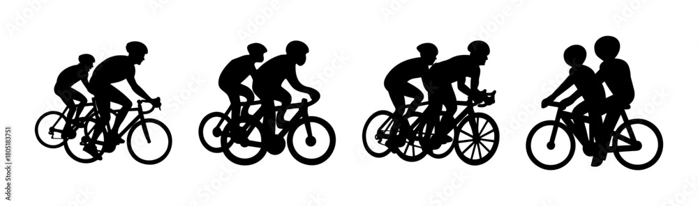 Fototapeta premium Silhouettes of diverse cyclists riding bicycles, isolated.