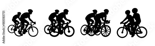 Silhouettes of diverse cyclists riding bicycles, isolated.