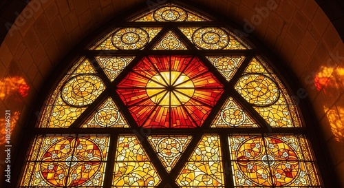 An ornate stained glass window glows with warm yellow and red light inside a historic church. The sacred, peaceful mood is perfect for religious, historical, or artistic projects.