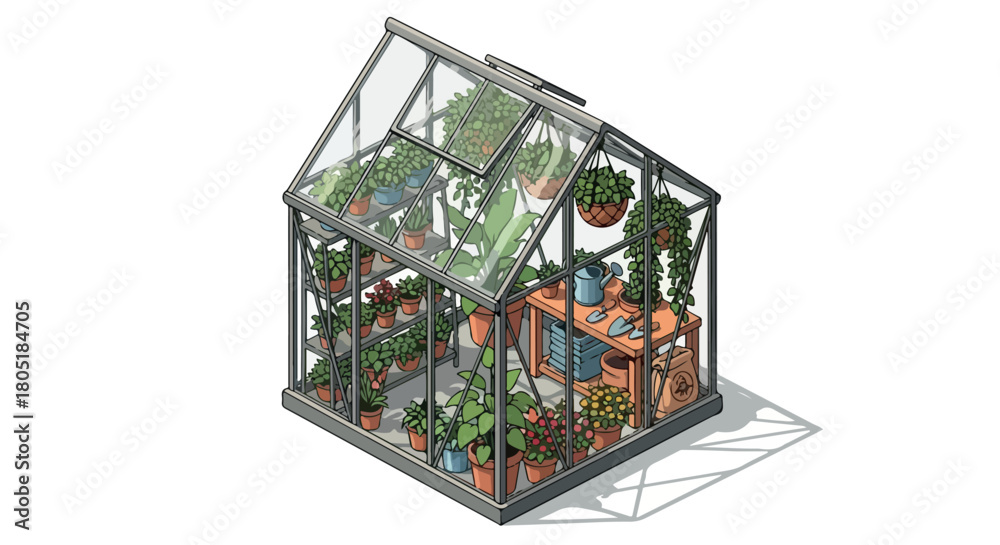 Obraz premium Greenhouse with potted plants and gardening tools