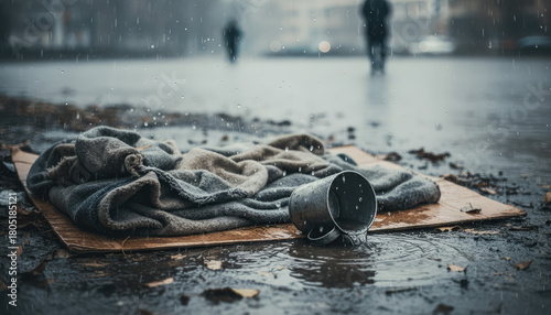 Homeless persons shelter in rain shows poverty with cup and blanket on cardboard