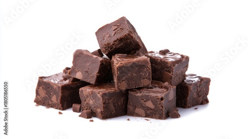 Chocolate fudge cubes on white background. AI image