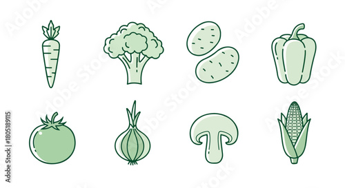 Fresh vegetables outline icons with transparent background