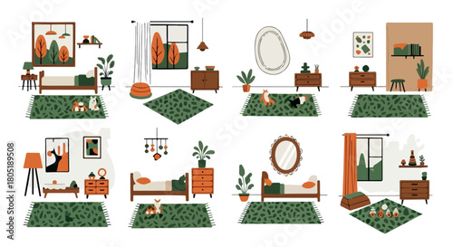 Cozy room interiors with cats and plants