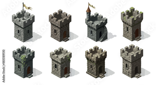 Medieval castle towers isometric set