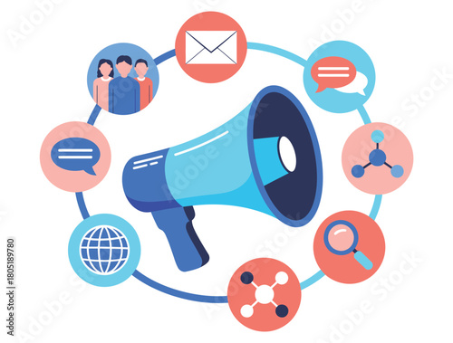 A megaphone is surrounded by icons representing communication, marketing, and networking concepts.