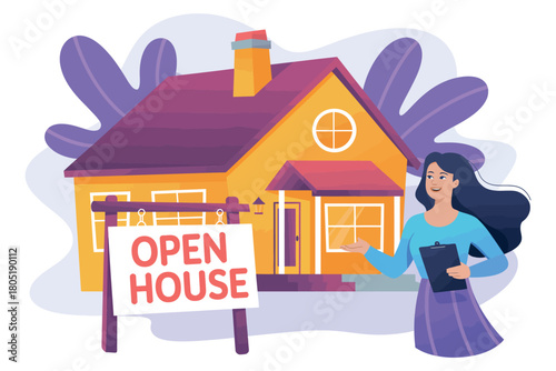 A woman stands next to an 'Open House' sign in front of a cheerful home.