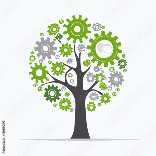 A tree composed of interlocking gears symbolizing growth and mechanical harmony