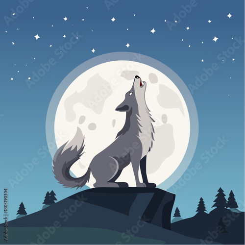 A lone wolf howls at the full moon under a starry night sky