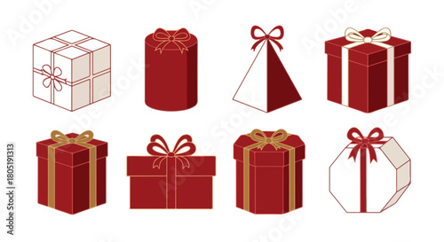 Gift boxes with ribbons in various shapes and colors