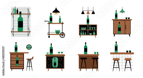 Bar setups with wine bottles in various styles