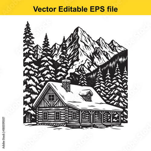 Vintage handdrawn illustration of a log cabin nestled amongst pine trees with snowcapped mountains in the background, vector art