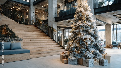 Modern lobby with decorated christmas tree and wrapped gifts in contemporary office