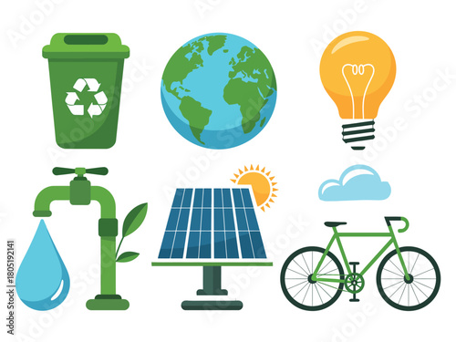 Icons representing environmental concepts and sustainable living are displayed.