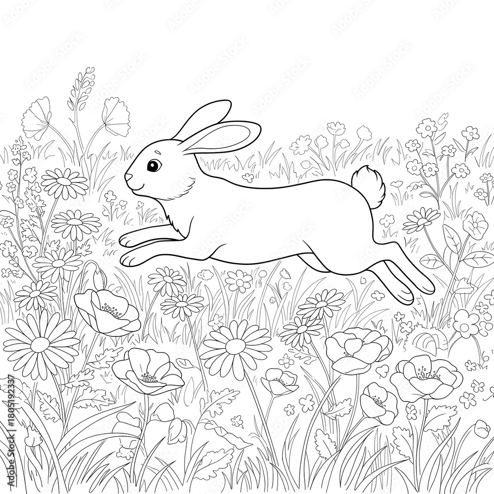 Obraz premium Playful Bunny Leaping Through a Spring Meadow with Wildflowers