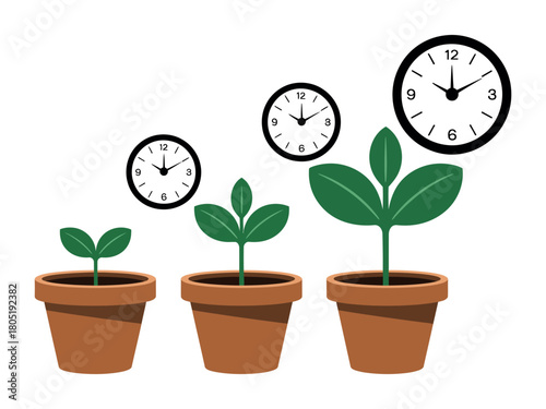 Time passes as plants grow in pots, illustrating progress and development over time.