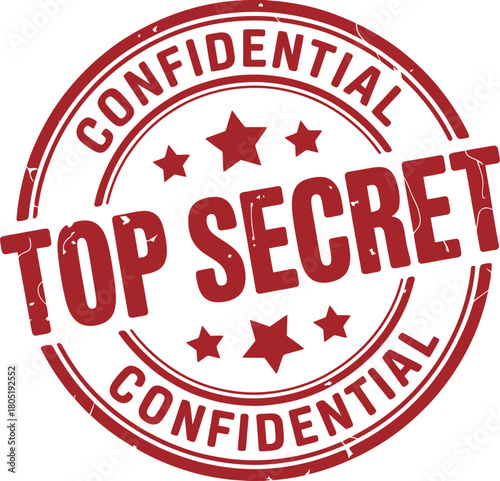 Top Secret Confidential red rubber stamp graphic with grunge texture and stars for highly sensitive documents and important business projects