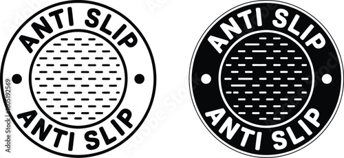 Anti Slip circular icon set in black and white styles with textured surface symbol perfect for product packaging and safety warning labels