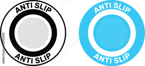 Anti Slip circular icon set in black and white styles with textured surface symbol perfect for product packaging and safety warning labels
