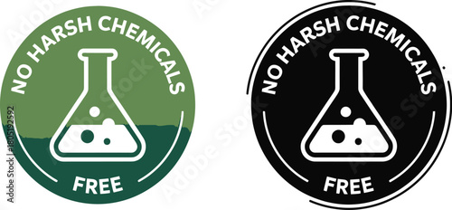 No Harsh Chemicals Free product label icon set in green gradient and solid black variations for clean beauty and natural packaging design
