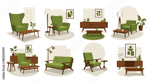Mid-century modern furniture arrangements in green tones
