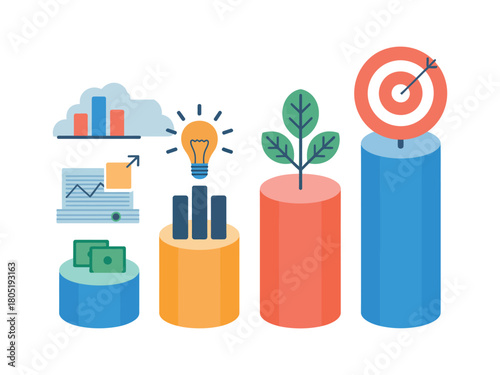 Business growth icons depict financial success, innovation, and goal achievement.