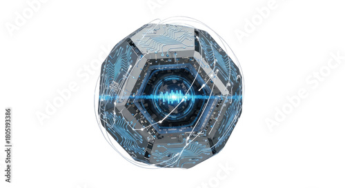 Futuristic digital sphere with circuit board patterns and glowing core