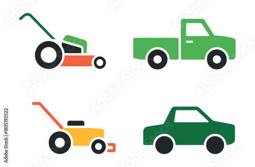 A collection of lawnmowers and vehicles, representing various modes of transportation and yard work.