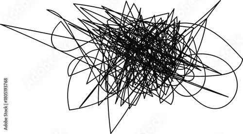 Abstract chaotic scribbles and lines forming a complex pattern on a white background
