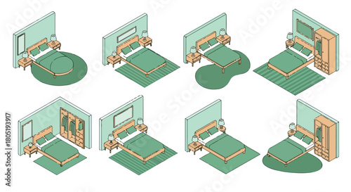 Bedroom layouts with furniture and rugs