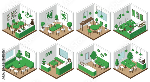 Isometric cafe interior layouts with furniture and plants