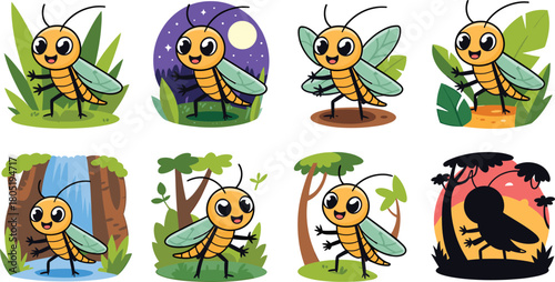 Whimsical Cartoon Grasshoppers in Different Natural Settings and Times Keywords: grasshopper, cute, cartoon, character, illustration, drawing, nature, garden, leaves, grass, sun, daytime, night