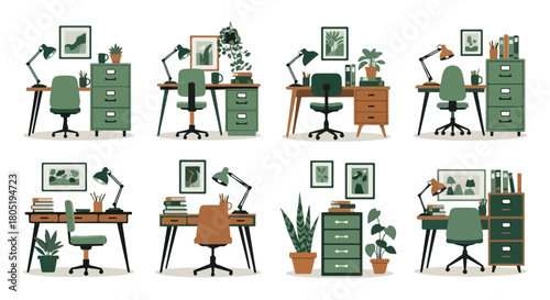 Desk setups with chairs and plants in various styles