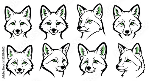 Fox head portraits in outline style with transparent background
