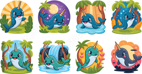 Whimsical cartoon narwhals with horns in diverse natural and fantastical settings Keywords: narwhal, unicorn whale, cartoon, cute, character, funny, illustration, drawing, graphic, design, vector