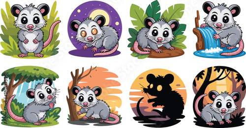 Whimsical Cartoon Opossum Characters in Different Natural Settings Keywords: opossum, possum, cute, cartoon, animal, wildlife, nature, forest, jungle, leaves, plants, waterfall, water, night, moon