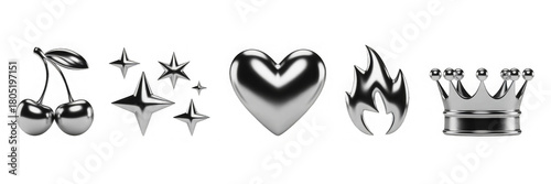 3d set of liquid chrome y2k shape render icon. Silver metal crown, cherry, heart, flame and stars in retro futuristic aesthetic style. Abstract design elements of aluminum or platinum
