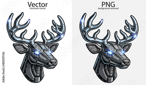 Robotic deer head with glowing blue eyes and metallic antlers mechanical cyborg