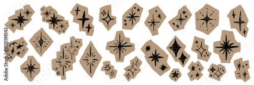 Set of grunge scrapbook star stickers designed as cutout paper shapes with chalk-crayon texture. Hand drawn sketchy spark elements for collage, zine, journaling, DIY craft, vintage aesthetic projects.