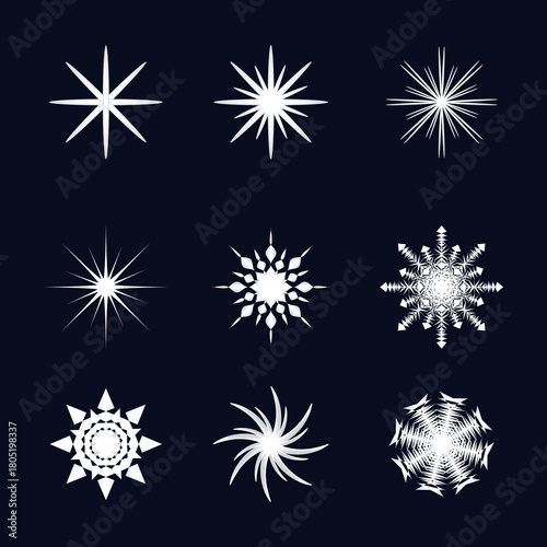 Abstract White Starburst and Snowflake Shapes on Dark Background