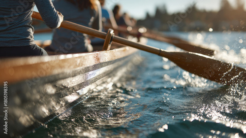side of wooden rowing shell cutting through the water. Oars are visible, creating splashes in the sunlight, emphasizing teamwork, physical effort, outdoor recreation, and competitive sport.