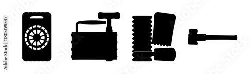 Demolition and blasting equipment silhouettes on white background