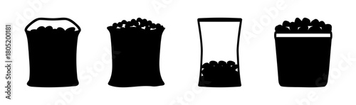 Containers with round objects icon set: beans, popcorn