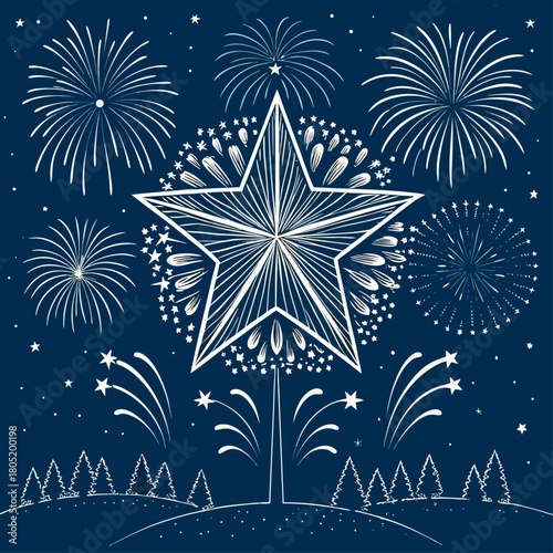 Celebrate Americana with a starburst of fireworks over a wintery landscape, perfect for 4th of July, New Year's Eve celebrations, or any patriotic event