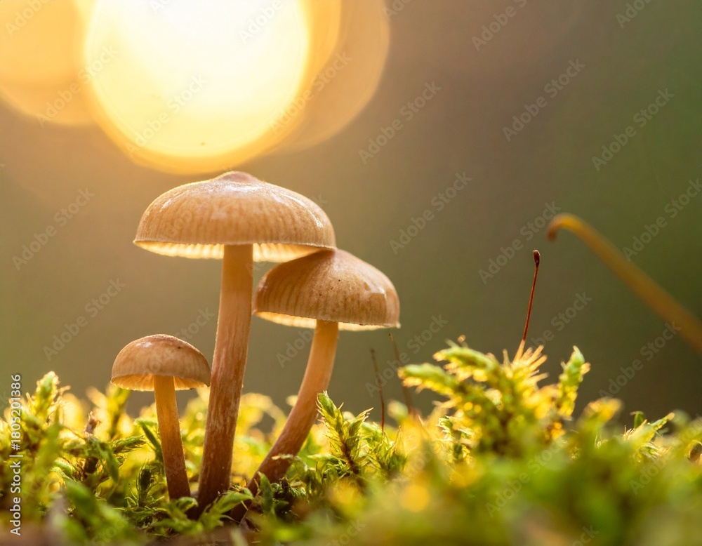Fototapeta premium Estructuras de hongos diminutos en macro, formas orgánicas complejas, tonos tierra suaves